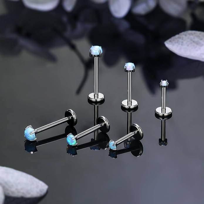 Ruifan Titanium Flat Back Lip Rings Externally Threaded Earrings Studs Nose Rings 20G 18G 16G Round Opal Tragus Cartilage Lobe Rook Helix Conch Labret Medusa Piercing Jewelry for Women Men