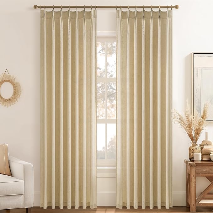 Topfinel 105 Inches Long Pinch Pleated Semi Sheer Curtains,Natural Linen Blended Light Filtering Window Curtains 105 Length for Living Room Bedroom Pinch Pleat Drapes with Hooks 1 Panels 60" Wx105 L