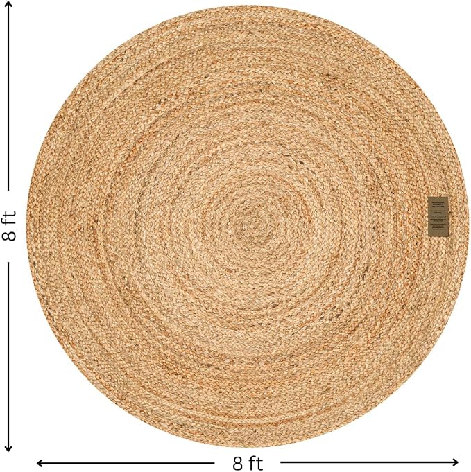 Handcrafted Jute Braided Rug 8 Feet Round - 100% Natural Jute Area Rug - Rustic Farmhouse Boho Accent Rug for Living Room Bedroom Kitchen Entryway Reversible Handwoven Floor Rug