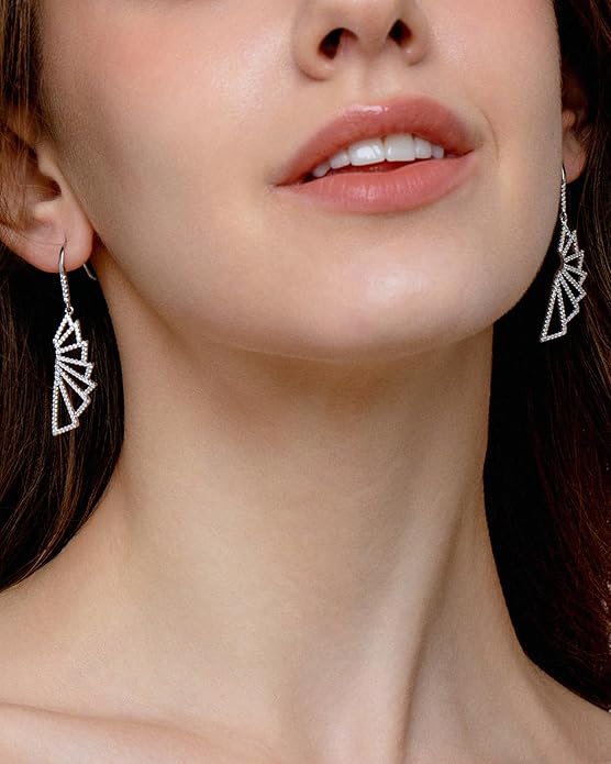 Asymmetrical Chain Dangle Earrings for Women 18K Gold Plated 925 Silver Circle and Long Ear Pin Tassel Chain Triangle Wing-Inspired 6A CZ Drop Earring Geometric Symbolic Earrings Jewelry Gifts