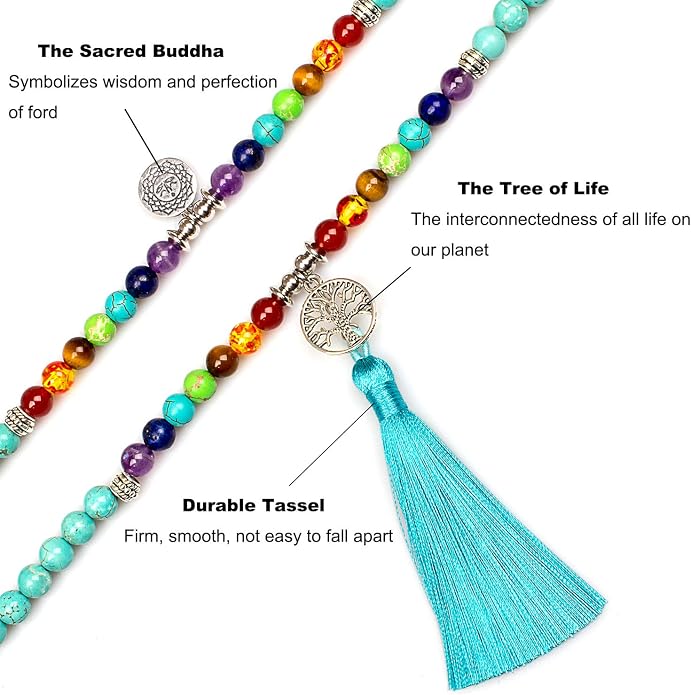 108 Mala Beads Necklace 7 Chakra Tree of Life Pendant Prayer Buddha Bracelets Healing Stone Yoga Men Women Jewelry