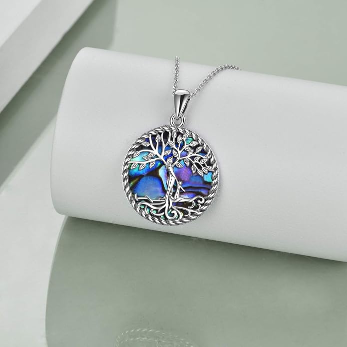 ONEFINITY Tree of Life Necklace for Women Sterling Silver Abalone Shell Crystal Tree of Life Pendant Necklace Family Tree Jewelry for Mom Daughter Sister Girls Christmas Gifts