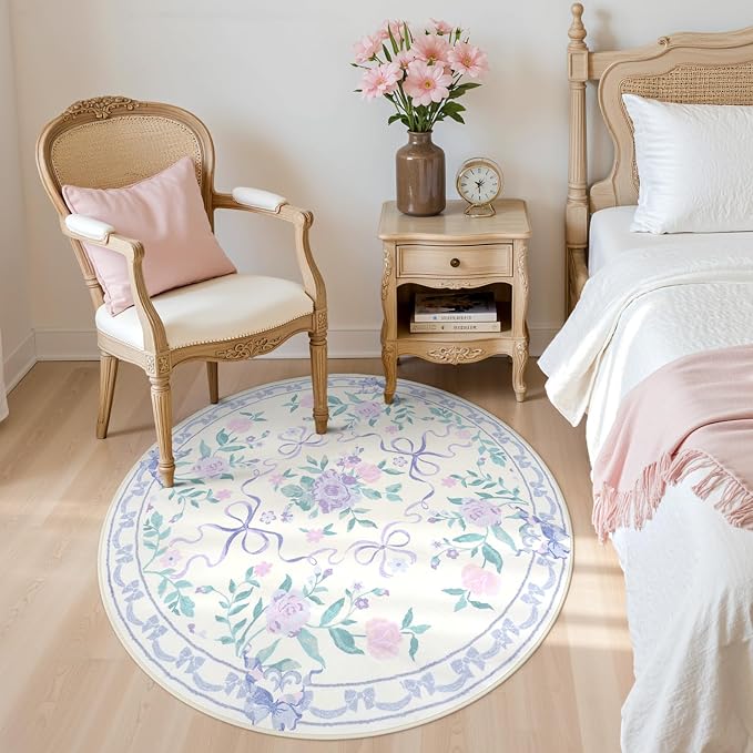 Collive Purple Bow Round Rugs for Girls, 4ft Floral Washable Circle Rug for Bedroom, Cute Ultra-Thin Non Slip Indoor Decor Carpet for Nursery Kids Room Playroom Living Room