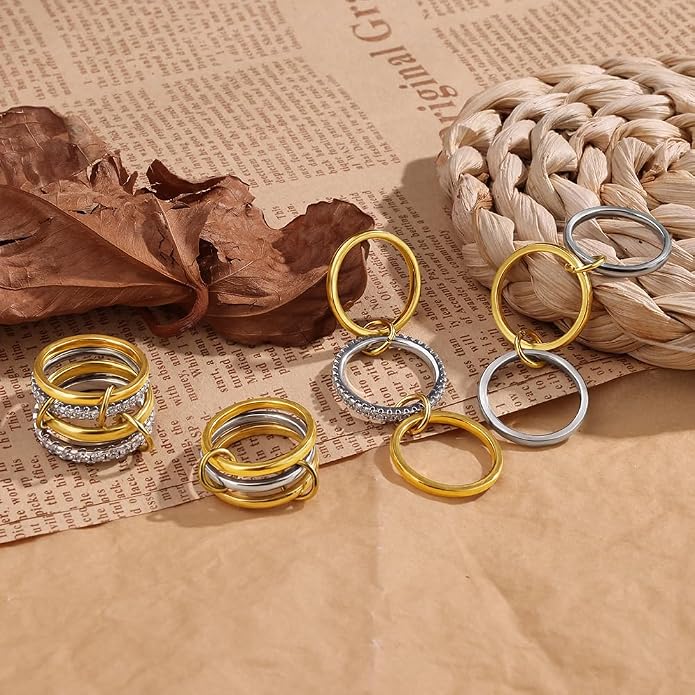 ACLOKOO 4 Pack Interlocked Stackable Rings for Women - 14K Gold Plated Statement 4 Mixed Metals Multi Ring Stack - Cubic Zirconia Two-Toned Connected Bands Stacking Jewelry
