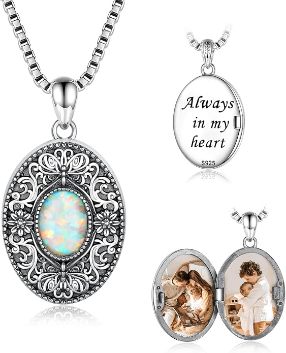 Sterling Silver Locket Necklace for Women Opal Oval-shaped Hold Pictures Photo Pendant Vintage Roses Cross Memory Jewelry Gifts for Women