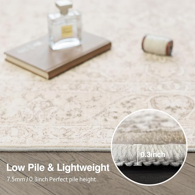 FMFUNCTEX 4ft Round Washable Area Rug Beige Vintage Neutral Oriental Distressed Small Non Slip Carpet for Living Room Bedroom Soft Low Pile Indoor Mat Retro Cream Rug for Dining Room Kitchen Office