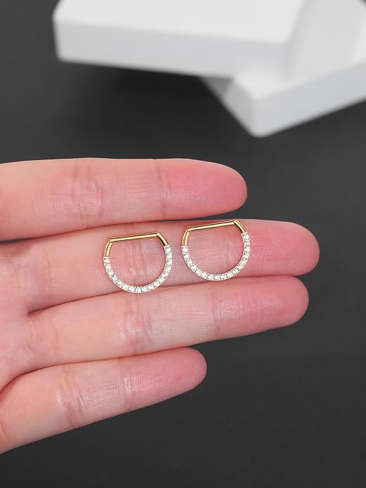 Oveta Titanium D Shaped Nipple Rings 14G for Nipple Piercing Jewelry Higned Segment Clicker Ring Hoops 11mm 12mm 14mm for Women Men, Silver Gold Black, 2PCS