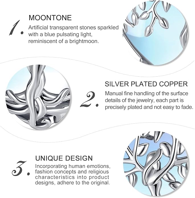 Vito Tree of Life Necklace for Women Men, Silver Plated Copper Teardrop Moonstone/Obsidian/Turquoise/Amethyst/Malachite Crystal Tree Necklace Protection Energy Amulet Jewelry Gift for Mom Wife, 20+2"