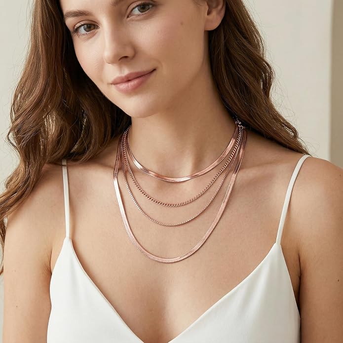 WomenGifts 14K Gold Silver Plated Herringbone Necklace for Women, Dainty Snake Chain Choker, Trendy Simple Long Layered Jewelry Non Tarnish, 3/4/5/8mm,14,16,18,20,22,24,26 Inch Thin & Chunky Options