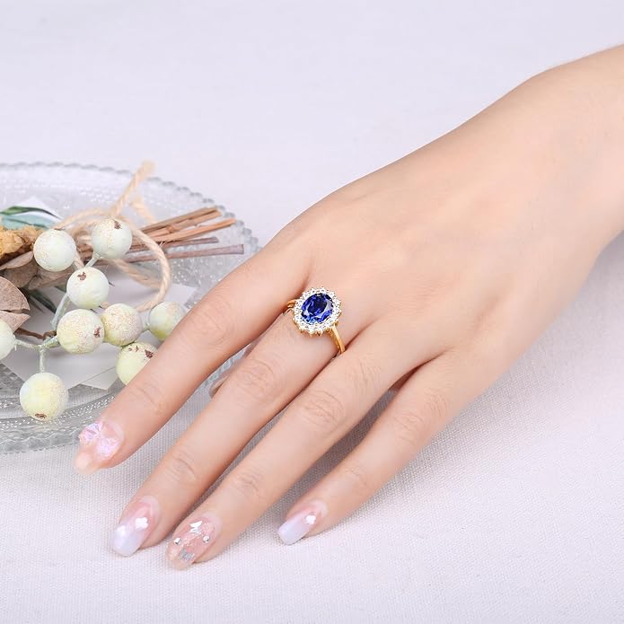 JewelryPalace Princess Diana Kate Middleton Class Gemstone Birthstone Sapphire Halo Engagement Rings for Women, Anniversary 14K White Yellow Rose Gold Plated 925 Sterling Silver Promise Rings for Her