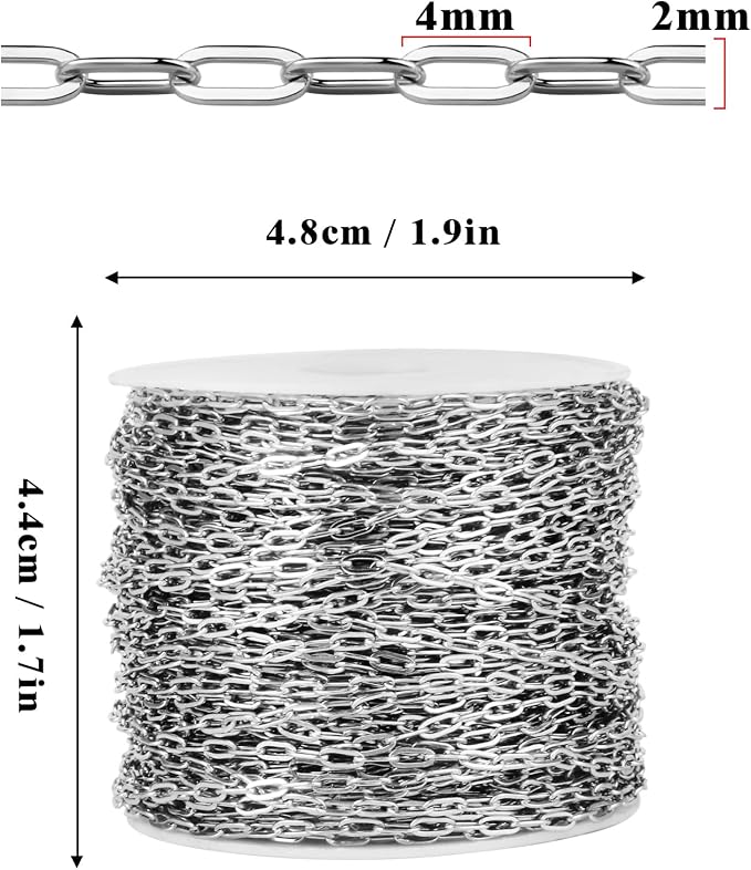 66FT Stainless Steel Paperclip Chain Roll 2MM 304 Stainless Steel Paperclip Link Chain Spool Bulk for Jewelry Making