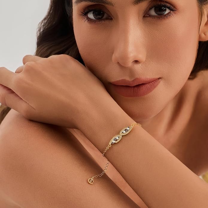 Cicy Bell Evil Eye Bracelets 18k Gold Plated Turquoise Zirconia Link Bracelets Trendy Jewelry Gift for Women Adjustable 5.9" with 1.9'' Extender
