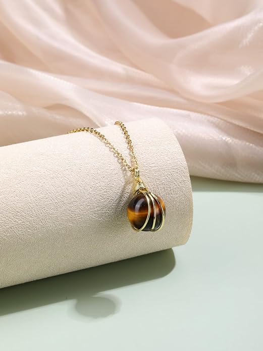 Jovivi Healing Crystal Stone Pendant Necklace Gold Wire Wrapped 16mm Natural Round Gemstone Ball Crystal Necklace for Women Men Reiki Quartz Jewelry