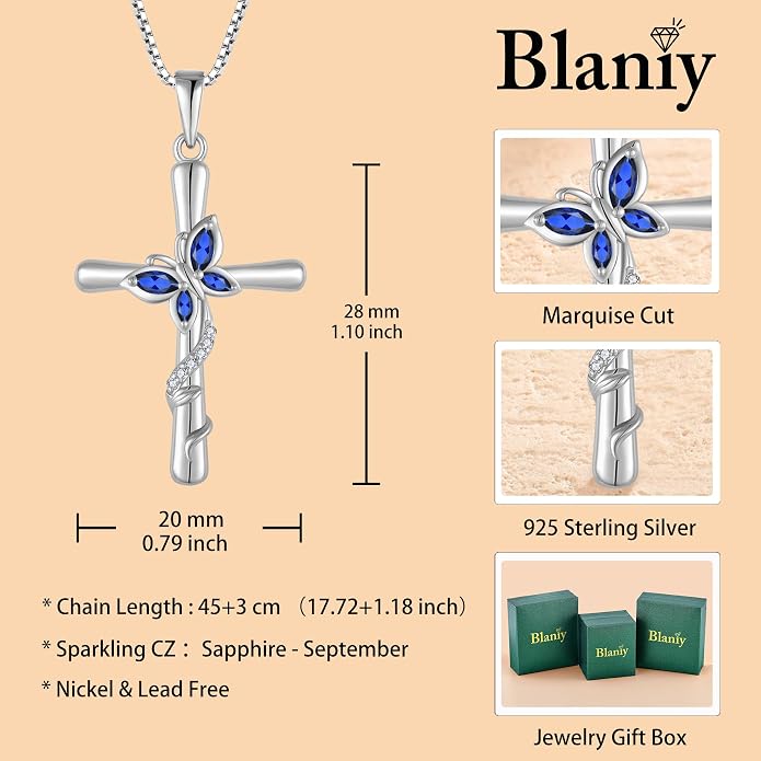 Cross Necklace for Women 925 Sterling Silver Butterfly Necklace Birthstone Pendant Created Gemstone Jewelry Gifts for Women