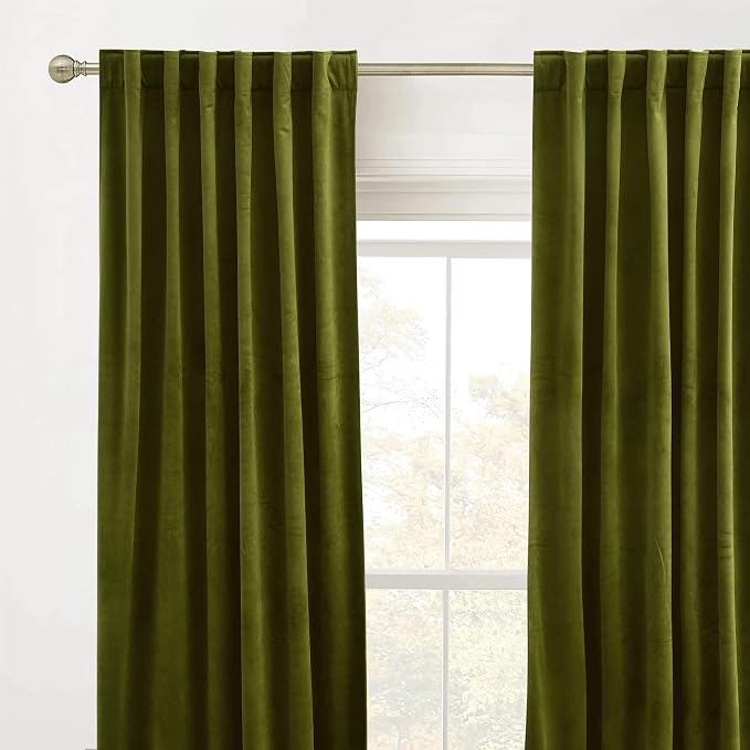 RYB HOME Velvet Curtains 102 inches Long, Back Tab Room Darkening Noise Reducing Window Treatment for Living Room Bedroom Privacy Protect for Stuido, Moss Green, W52 x L102 inch, 2 Panels