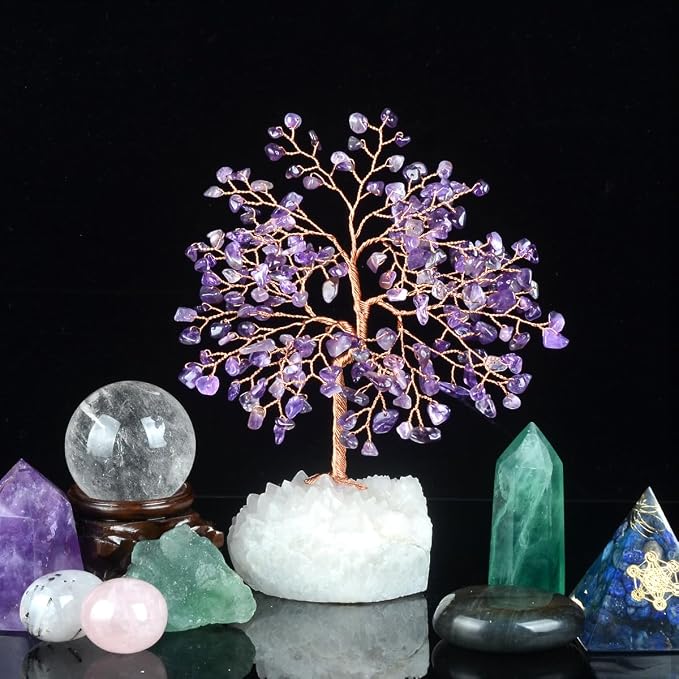 Natural Amethyst Crystal Tree of Life,Clear Quartz Cluster Base,Healing Crystals Positive Energy Gem Money Tree Bonsai,Feng Shui Decor,Spriture Gift Size 5.5"-6.3"