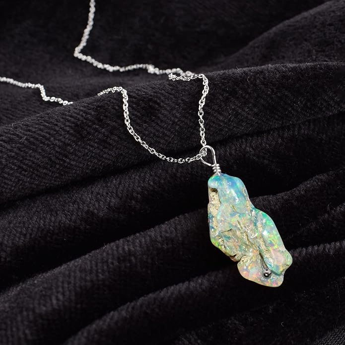 Ultra Fire Raw Ethiopian Opal Rough Dainty Pendant Necklace For Women, Healing Chakra Crystals, Handmade October Birthstone Jewelry, 925 Silver Chain 18 inch, Wedding Gift