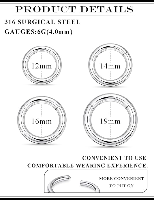 20G 18G 16G 14G 12G 10G 8G 6G Nose Rings Hoops 316l Surgical Steel Clicker Septum Lip Ring Tragus Helix Daith Rook Conch Snug Cartilage Lobe Earrings Hoop Piercing Jewelry For Women Men