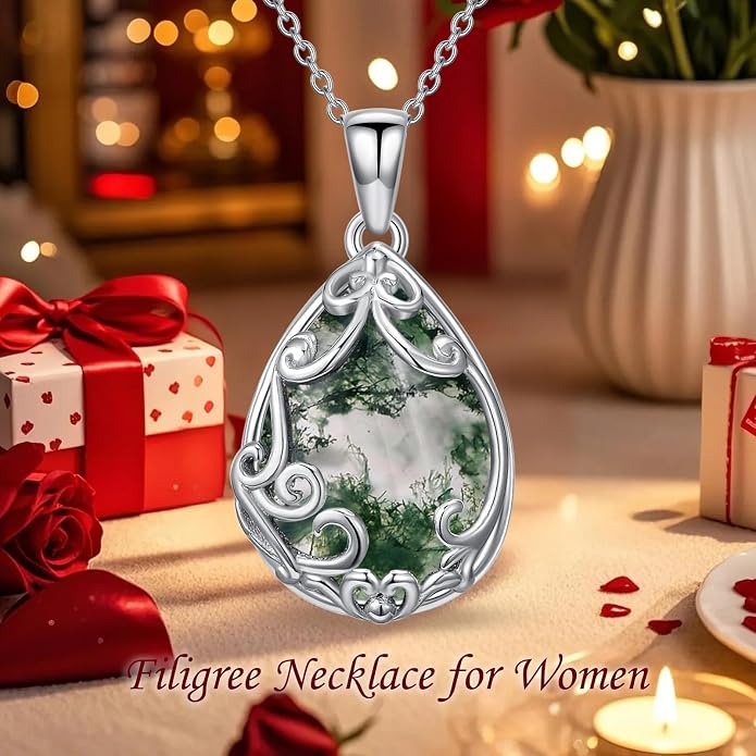 HPQQ Teardrop Necklace 925 Sterling Silver Filigree Gemstone Pendant Necklace Fine Jewelry Birthday Mother's Day Gifts for Women Her Mom