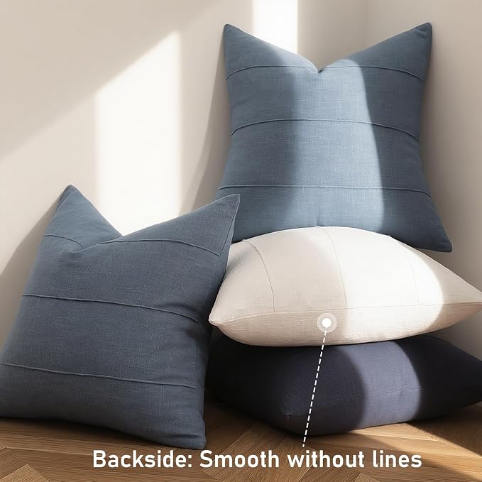 ZWJD Decorative Linen Throw Pillow Covers 16x16 Set of 2 Solid Handcrafted Striped Cushion Covers for Bed Soft Modern Farmhouse Neutral Pillowcase for Couch Bedroom Living Room Home Decor(Slate Blue)