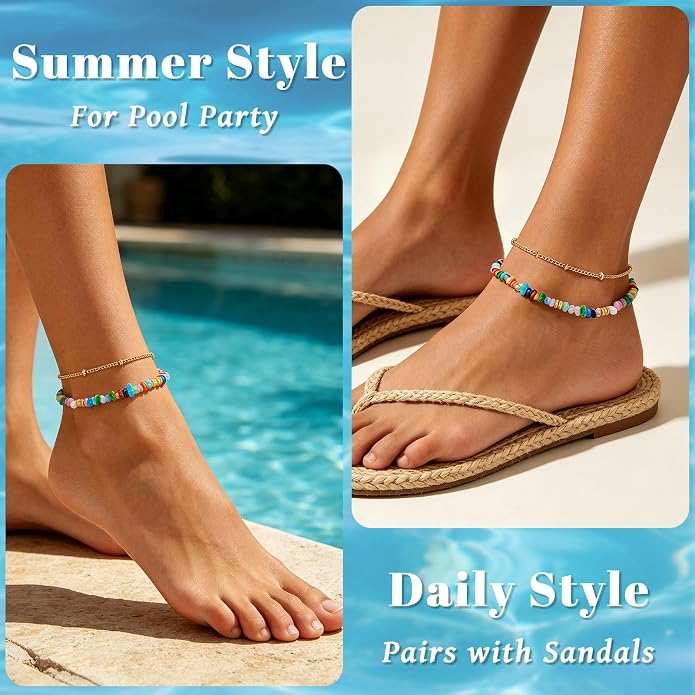 Ankle Bracelet for Women Natural Stone Colorful Beaded Boho Layered Anklet 14K Gold Plated Adjustable Beads Chain 2Pcs Anklets Set Handmade Summer Beach Jewelry