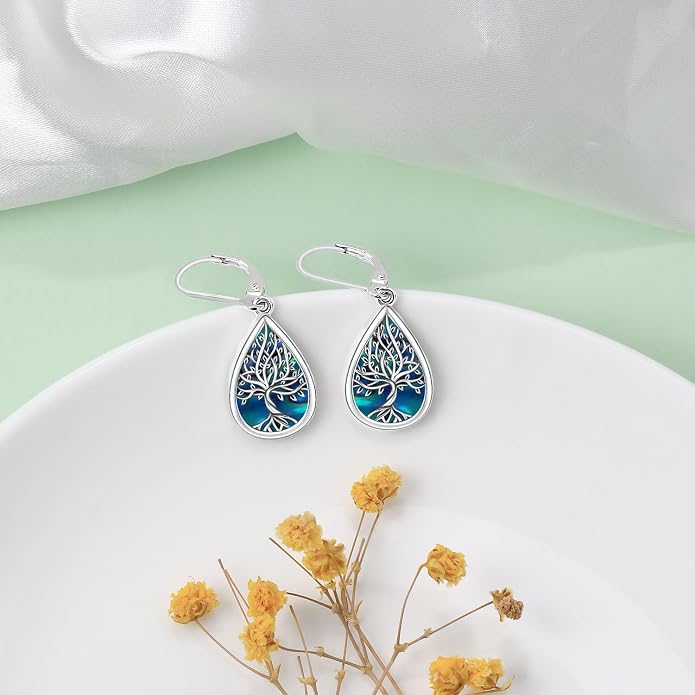 Odinstone 925 Sterling Silver Earrings Tree of Life Teardrop Moonstone Dangle Drop Leverback Earrings for Women