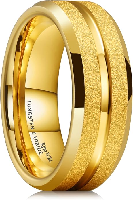 King Will Mens 8mm Rose Gold Groove/Gold Loop/Black Cross Groove Tungsten Carbide Wedding Ring Line Flat Pipe Cut Brushed Polished Comfort Fit 7-14