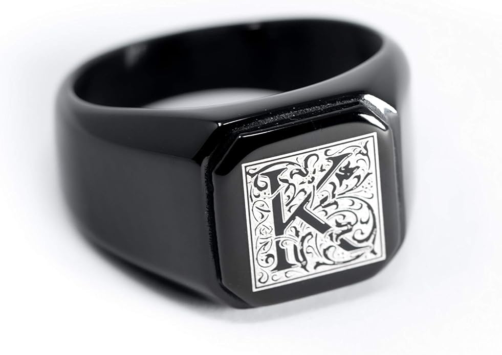 Jewelry | Stainless Steel Letter Alphabet Initial Ring | Square Flat Top Ring for Men & Women | Stainless Steel Jewelry, (Black, Gold, Silver), Size 7-16