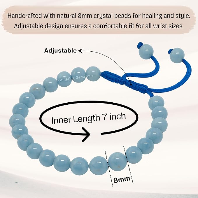 Amazing Gemstone Aquamarine Bracelet for Women Men's Gifts - Protection Healing Crystal Bracelet - 8mm Gemstone Beaded Adjustable Bracelet Pulseras para Hombres Mujer Stocking Stuffers