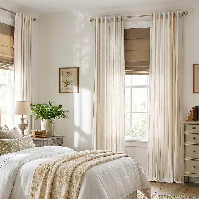 Vangao Striped Curtains Yellow on White Semi Sheer Curtains 96 Inches Long for Living Room Bedroom Modern Farmhouse Linen Textured Light Filtering Drapes 2 Panels Mustard Yellow W50 x L96 Inch