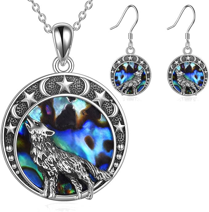 LUHE Wolf Necklace and Earrings Set Sterling Silver Wolf Jewelry Gifts for Women Teen Girls