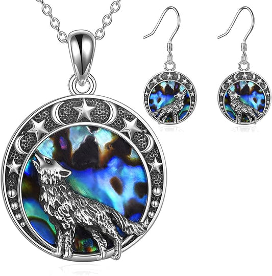 LUHE Wolf Necklace and Earrings Set Sterling Silver Wolf Jewelry Gifts for Women Teen Girls