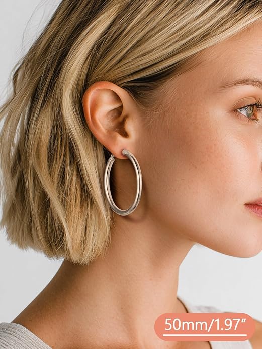 FaithHeart Chunky Hoop Earrings for Women, Silver/Black/14K Gold Plated Stainless Steel Earrings 5mm Thick Hollow Tube Hoops Hypoallergenic Lightweight Earring 20/30/40/50/60/70/80mm