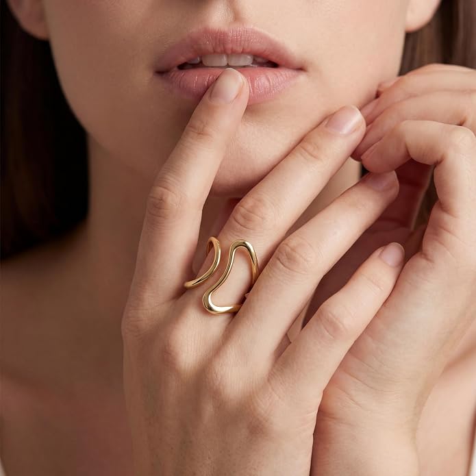 Gelbesty Waterproof Gold Statement Rings for Women, 14K Gold Plated Chunky Open Stackable Rings Non Tarnish Fashion Adjustable Stainless Steel Pinky Knuckle Signet Vintage Ring Jewelry Size 5-11