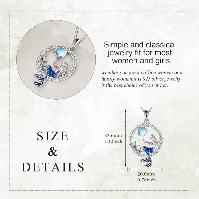LUHE Mermaid Necklace Jewelry Gifts Sterling Silver Sea Mermaid Crescent Moon and Star Necklace with Flower Pendant Birthday Gifts for Daughter Women