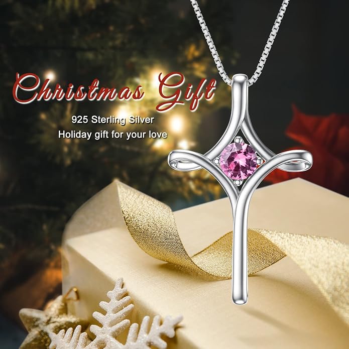 TOUPOP Cross Necklace for Women 925 Sterling Silver Birthstone Cross Pendant Fine Jewelry Anniversary Birthday Mothers Day Gifts for Mom Wife Her