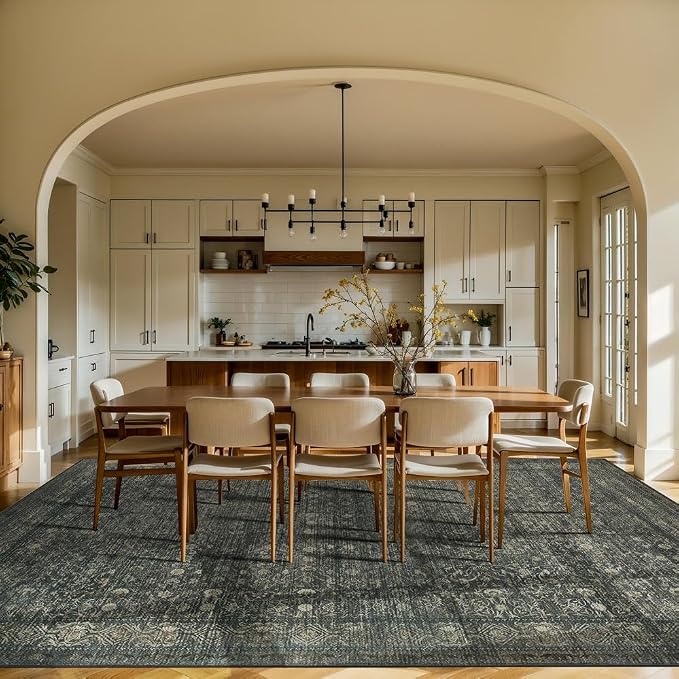 9x12 Washable Area Rug for Living Room, Extra Large,Green Vintage Floral Boho Rugs for Dining Room, Farmhouse, Durable Low Pile Non Slip Carpet for High Traffic Areas, Moss Brown