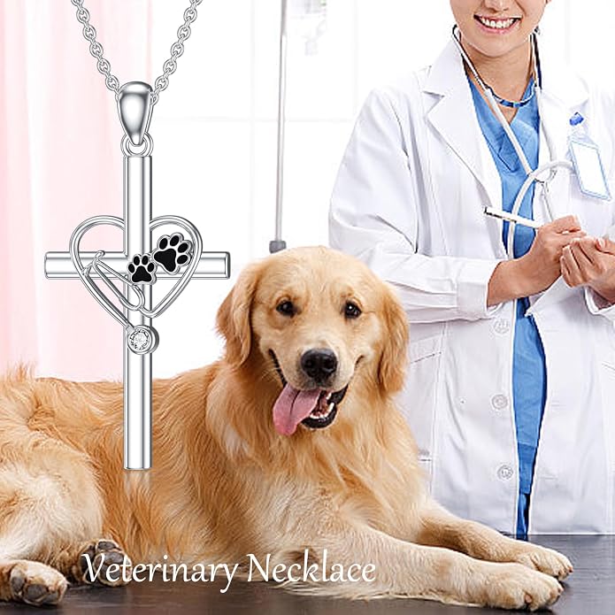 Birthstone Veterinary Stethoscope Necklace 925 Sterling Silver Nurse Vet Pendant with Dog Paw Nurse Jewelry Gifts for Veterinarian Nurse Women Veterinarian Gifts