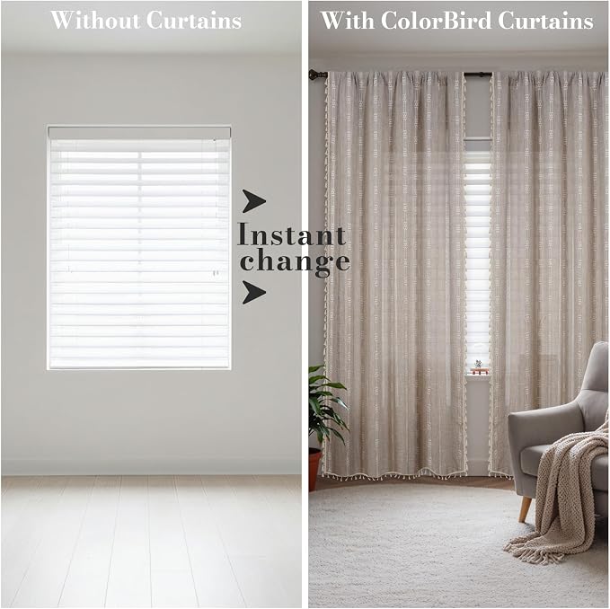 ColorBird Boho Curtains Linen-Textured for Living Room Bedroom Light Filtering 84 Inches Natural Brown Farmhouse Curtains & Drapes Embroidered Striped for Dining Closet Dooraway Window Treatment