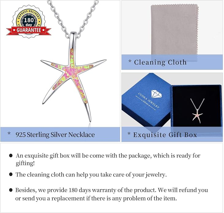 Cuoka Starfish Necklace, 925 Sterling Silver with Opal, Hawaiian Beach Nautical Ocean Pendant, Starfish Jewelry Opal Jewelry Valentine for Women Girlfriend