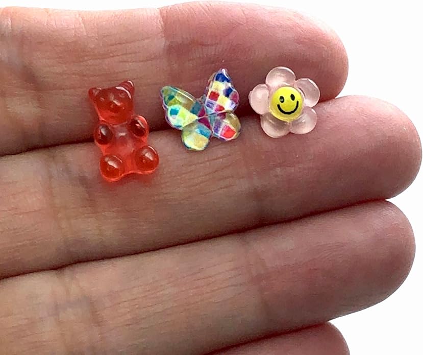 Metal Free Plastic Post Earrings Gift Set Gummy Bear, Butterfly, Flower (Red)