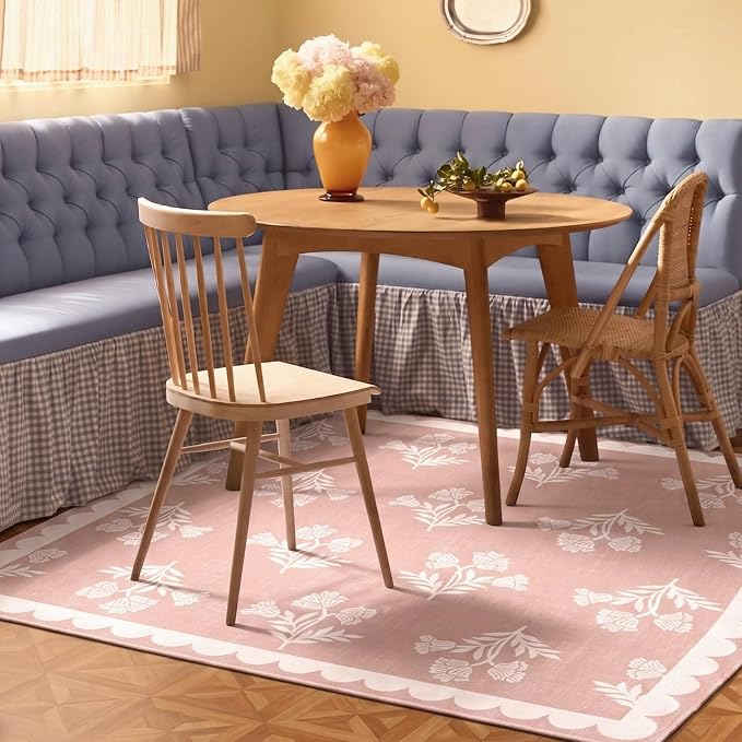 Pink Square Rugs 6ft - Soft Washable Boho Floral Girls Bedroom Rug 6x6 Stain Resistant Scalloped Dining Room Rugs for Under Table Cute Preppy Area Rug for Living Room Nursery Kids Room Carpet
