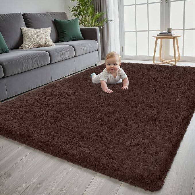 5x7 Area Rug for Living Room, Ultra Soft Fluffy Shag Rugs for Bedroom, Non-Slip Large Fuzzy Plush Rug Indoor Floor Carpet for Nursery Kids Office Dorm Modern Decor, Brown