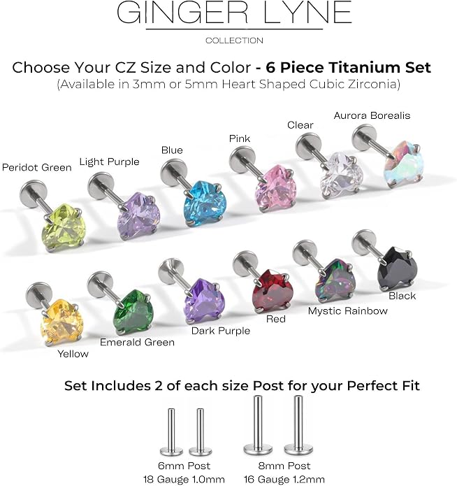 Titanium Heart CZ Labret Stud Earrings for Piercings by Ginger Lyne 6Pc Set G23 Screw Front Flat Back Body Jewelry 2 pair post 6mm, 8mm Cartilage, Helix, Tragus, Lip, Conch, Lobe