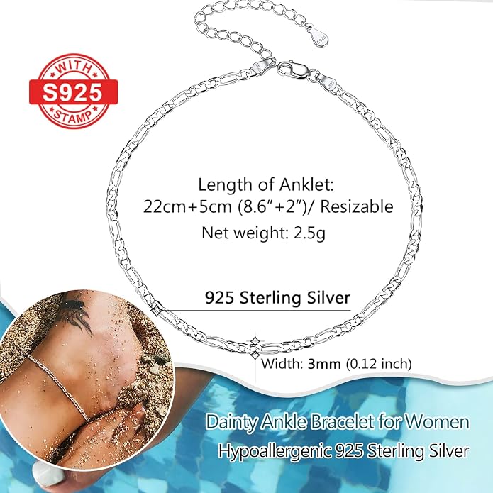PROSILVER 925 Sterling Silver Ankle Bracelets For Women, Stylish Chain Anklets, Summer Beach Jewelry, 8.6-10.6 Inch Adjustable, Come with Box