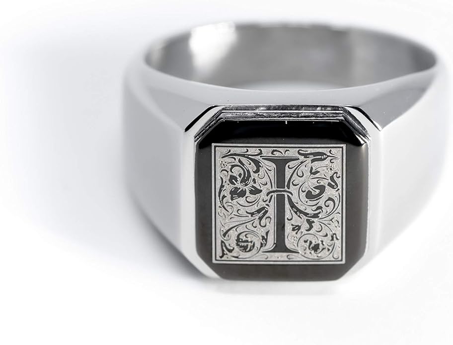 Jewelry | Stainless Steel Letter Alphabet Initial Ring | Square Flat Top Ring for Men & Women | Stainless Steel Jewelry, (Black, Gold, Silver), Size 7-16