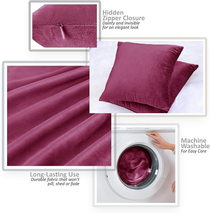 Nestl Throw Pillow Covers, Cozy Velvet Decorative Autumn Pillow Covers 22 x 22 Inches, Soft Solid Couch Pillow Covers for Sofa, Bed and Car, Set of 4 - Magenta