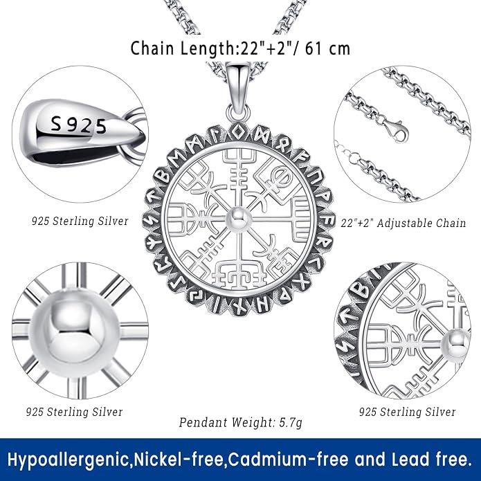 Eusense Viking Necklace for Men Women 925 Sterling Silver Pendant Thors Hammer/Norse Runes/Odin's Ravens/Wolf/Dragon/Snake/Yggdrasil/Freya/Helm of Awe/Valknut/Triskelion/Axe/Shield Viking Jewelry