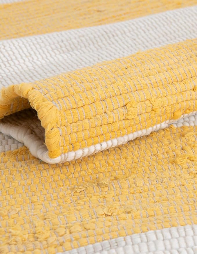 Unique Loom Chindi Rag Collection Area Rug - Striped (2' 7" x 12' 2" Runner, Yellow and Ivory)