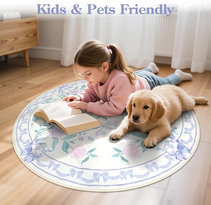 Collive Purple Bow Round Rugs for Girls, 4ft Floral Washable Circle Rug for Bedroom, Cute Ultra-Thin Non Slip Indoor Decor Carpet for Nursery Kids Room Playroom Living Room